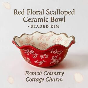 Red & White Floral Scalloped Serving Bowl Beaded Rim Cottage Elegance
